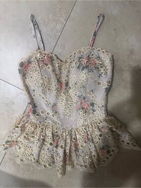 Vici Floral Eyelet Lace Peplum Cami - Pink & Cream